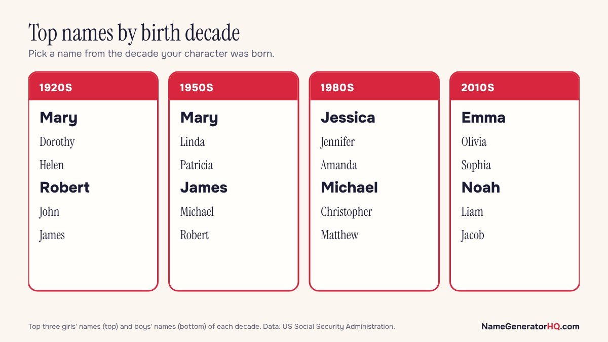 Cards showing the top names of the 1920s, 1950s, 1980s and 2010s